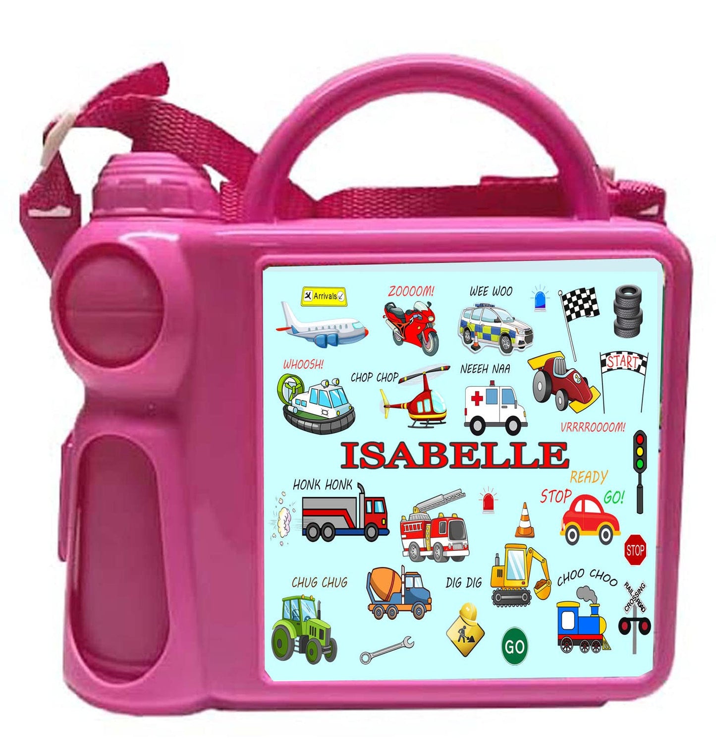 Junior Fun Cartoon Personalised Vehicles Design Plastic Lunch Box and Water Bottle Back to School Gift Set Available in Choice of 2 Colours