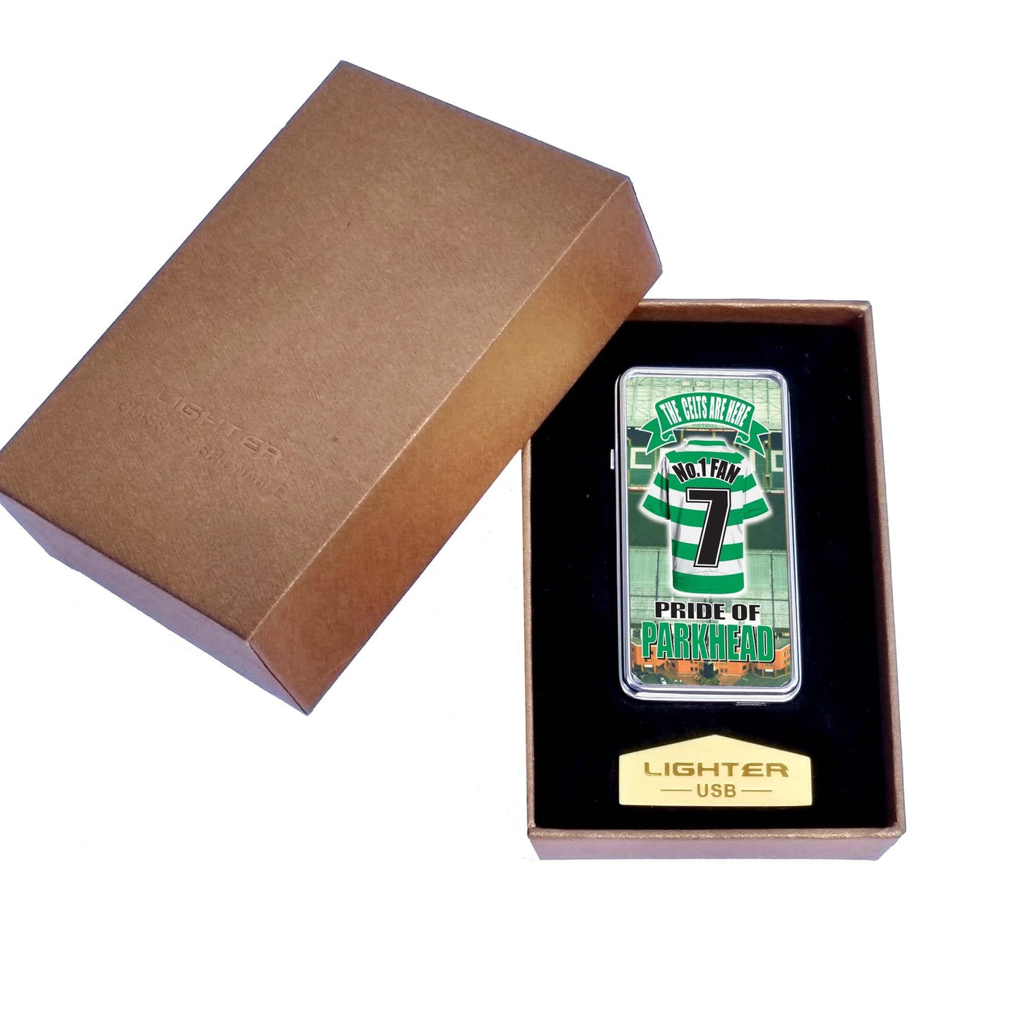 The Celts No.1 Fan Football Shirt Rechargeable Gift Boxed Silver Metal USB Lighter Team-Celtic