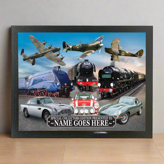 Collage of vintage cars, trains, and airplanes with customizable text on a blue sky background.
