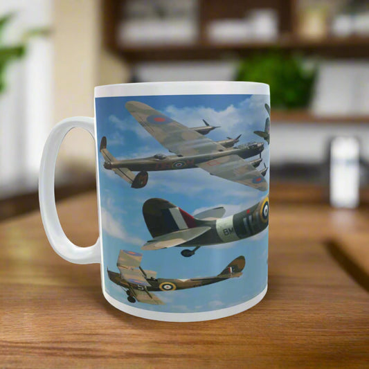 Mug with vintage airplane design on a blue sky background