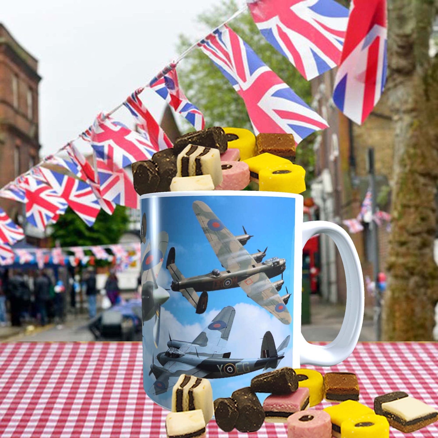 VE Day Battle of Britain WWII Iconic War Planes Spitfire Lancaster Mug with Choice of Sweets Gift