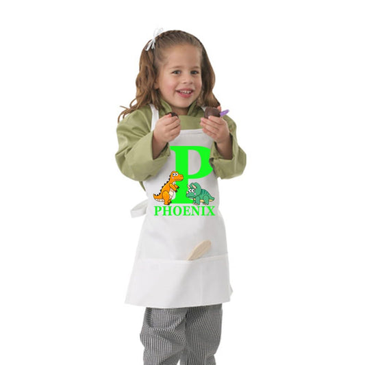 Children's Kid's White Dinosaur T-rex Monogram Personalised Name Chef Pinny Apron Gift Present