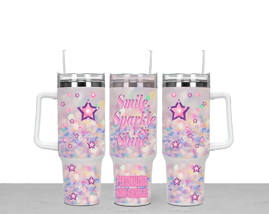 Smile & Sparkle Personalised Large Unisex 40oz Stainless Steel Travel Cup Tumbler Gift with Carry Handle, Lid and Straw