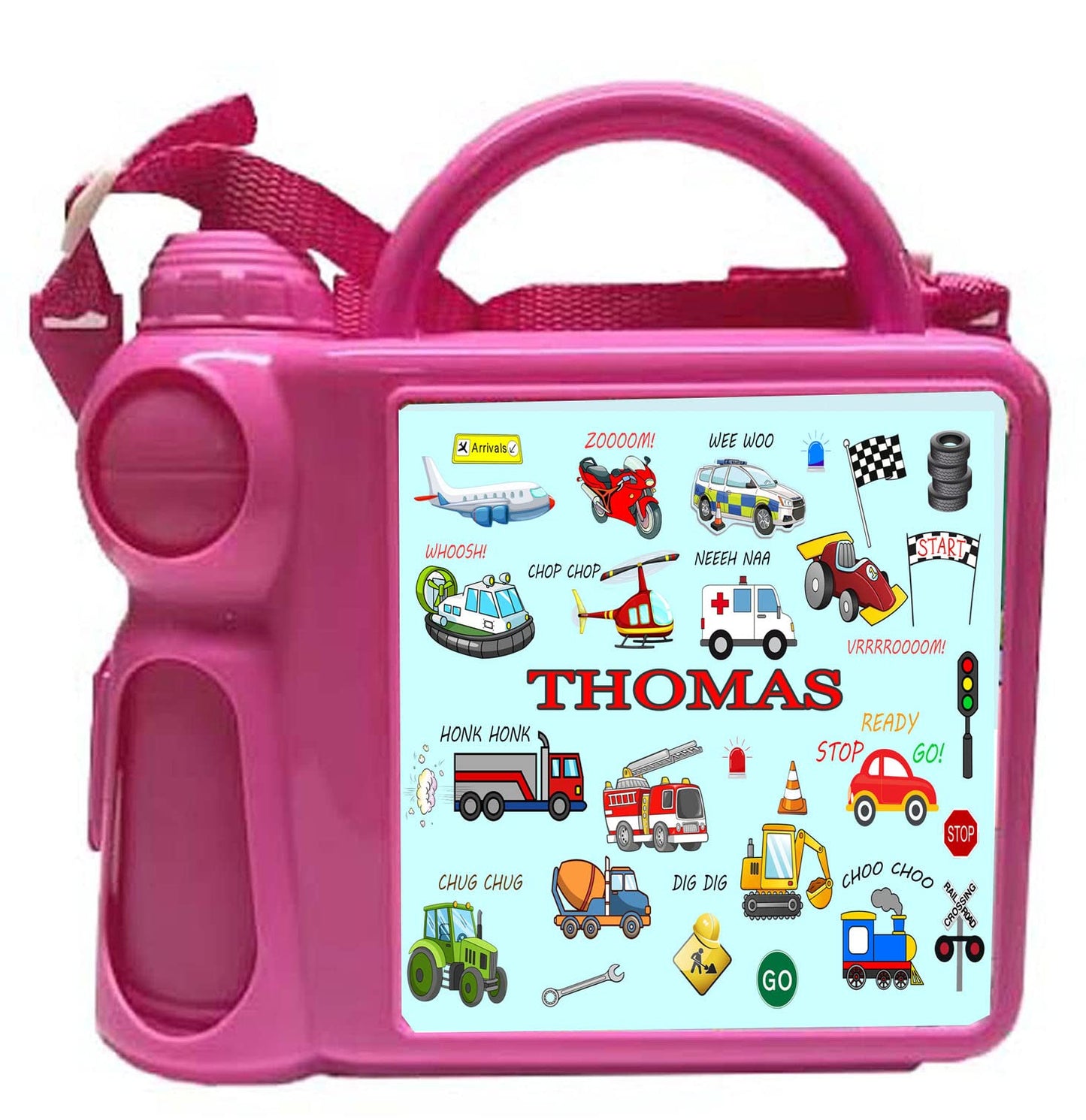 Junior Fun Cartoon Personalised Vehicles Design Plastic Lunch Box and Water Bottle Back to School Gift Set Available in Choice of 2 Colours