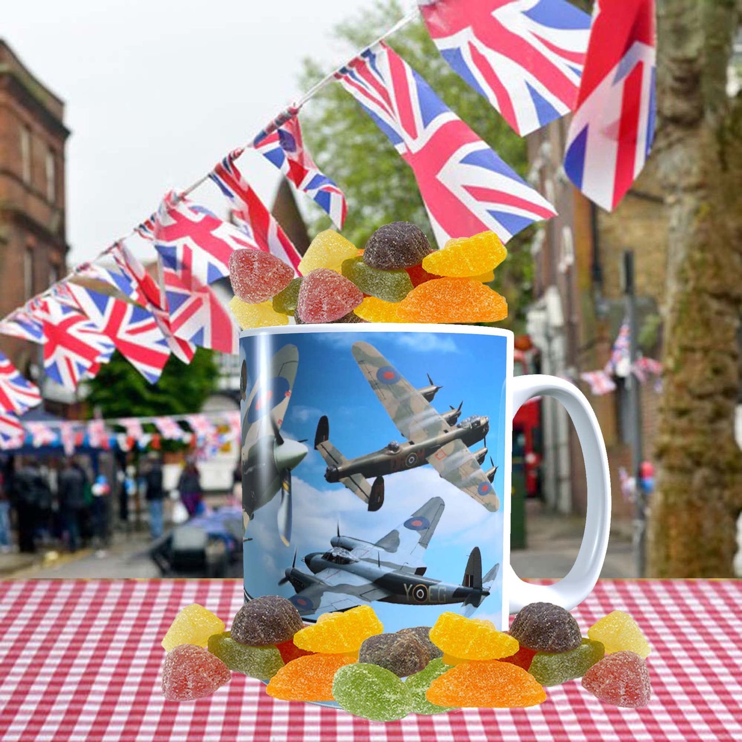 VE Day Battle of Britain WWII Iconic War Planes Spitfire Lancaster Personalised Mug with Choice of Sweets Gift