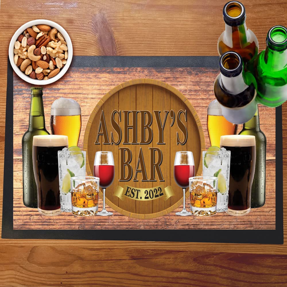 Wooden Barrel Plaque Bar Mat Runner with Non- Slip Rubber Back and Personalised Name with Home, Pub, Coffee Shop, Venue, Garden, Bar Gift