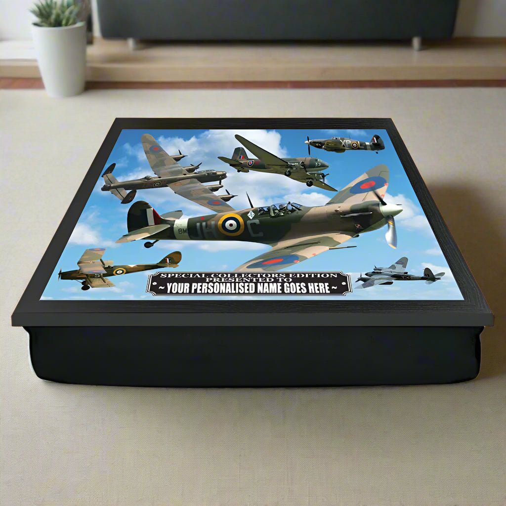 Lap tray with vintage airplane design on a white background