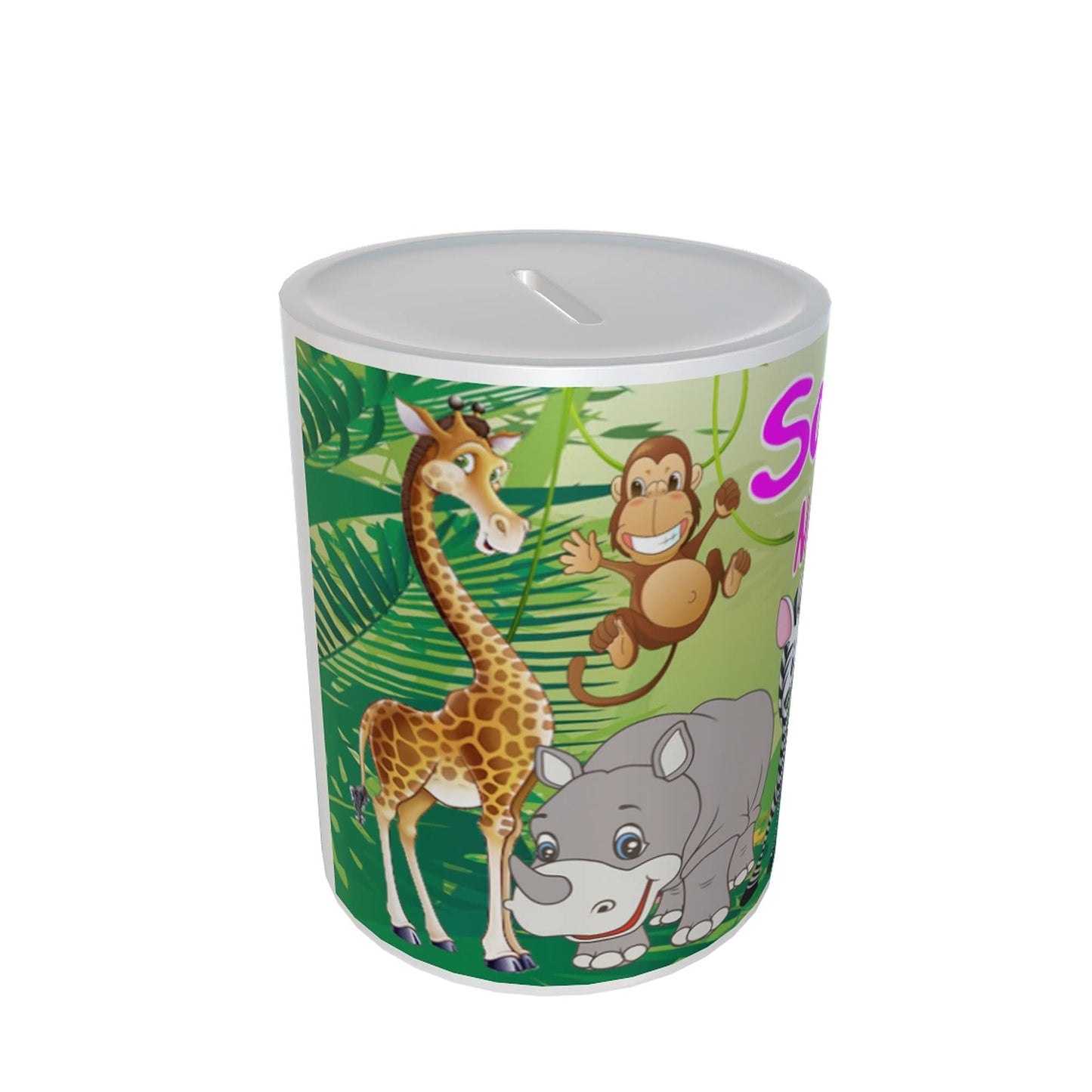 Personalised Kids Safari Jungle Animals Ceramic Piggy Bank Money Box Gift