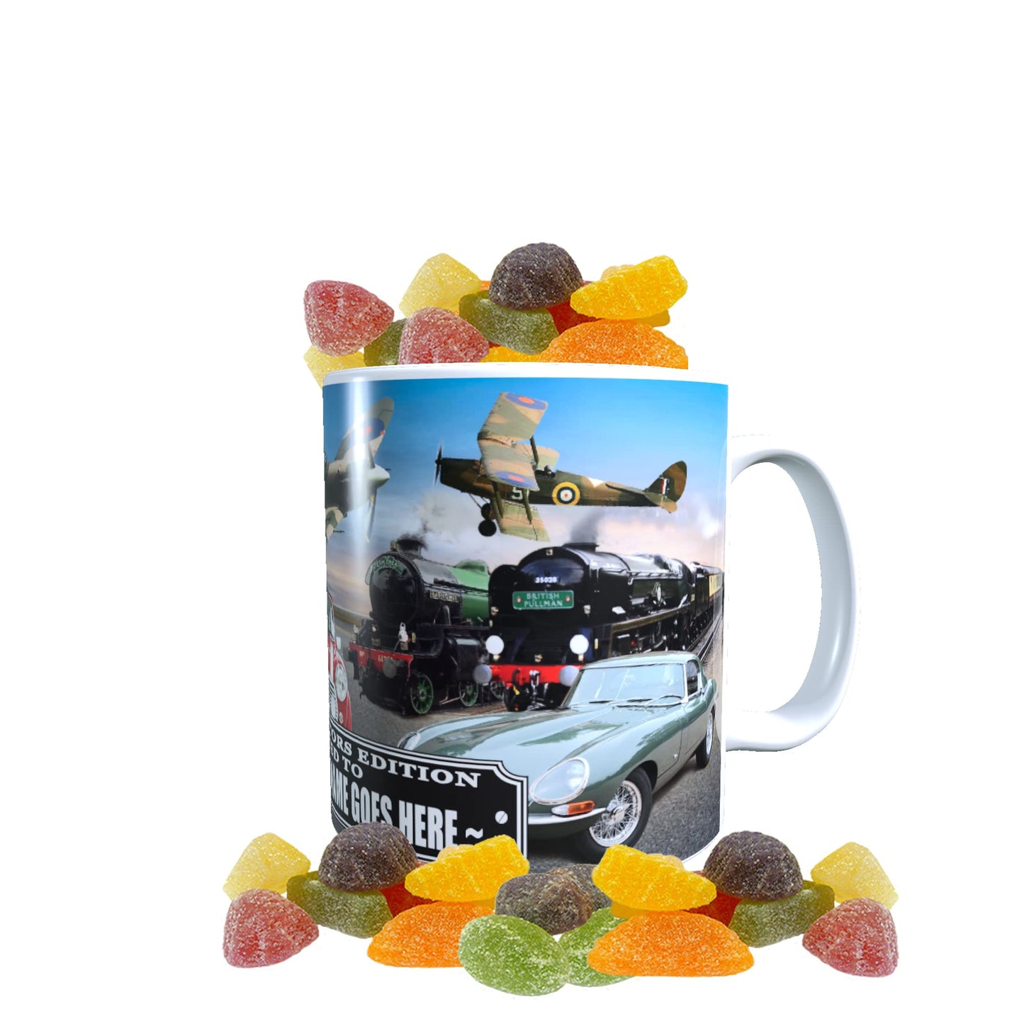 Planes Trains and Automobiles Classic Car Icons Personalised Mug with Choice of Sweets Gift
