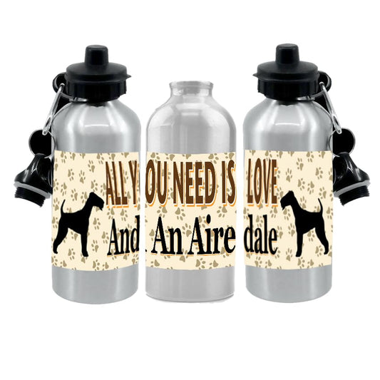 Airedale Water Bottle - All You Need Is Love - Silver Aluminium - Two Lids - Unisex Gift