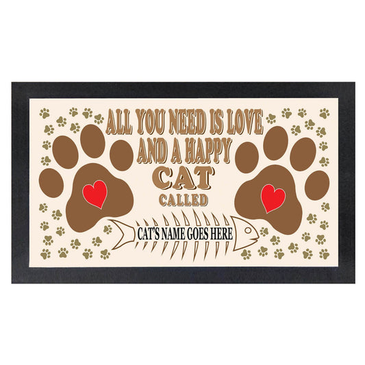 All You Need is Love Rubber Backed Personalised Cat Pet Paw Print Food Bowl Feeding Mat - Gift Idea