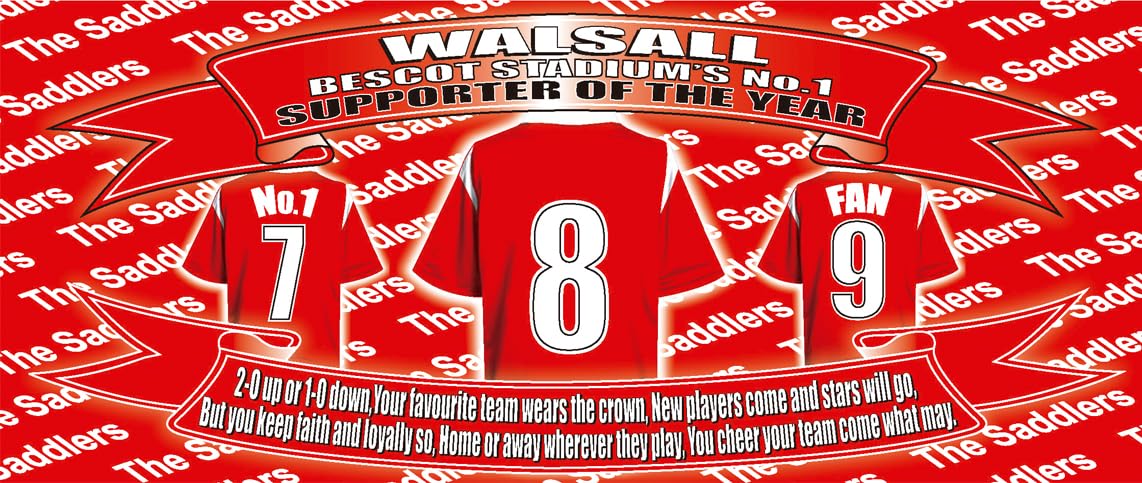 Walsall Football Shirt Water Bottle - Silver Aluminium - Two Lids - Unisex Gift