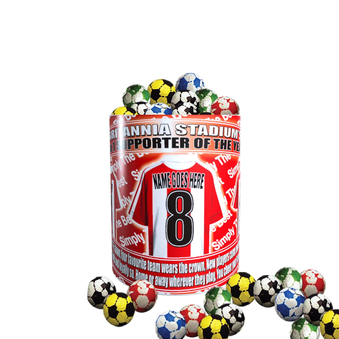 Stoke Football Team Shirt Personalised Mug Gift with Chocolate Footballs