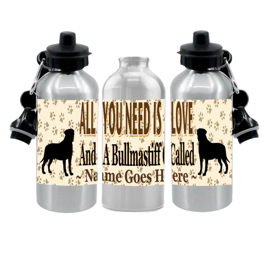Personalised Bullmastiff Water Bottle - All You Need Is Love - Silver Aluminium - Two Lids - Unisex Gift