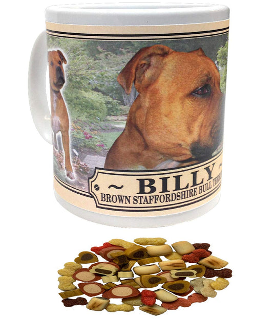 Brown Staffordshire Bull Terrier Personalised Dog Breed Gift Mug with Treats