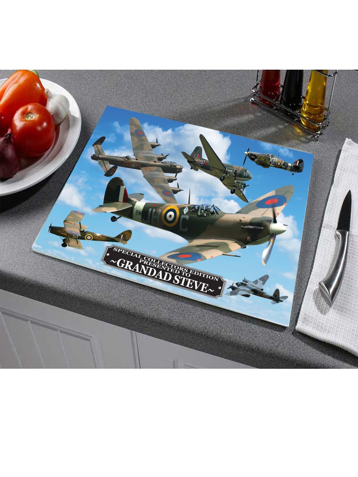 British WWII Iconic War Planes Personalised Toughened Glass Heat Resistant Worktop Saver Cutting and Chopping Board Gift