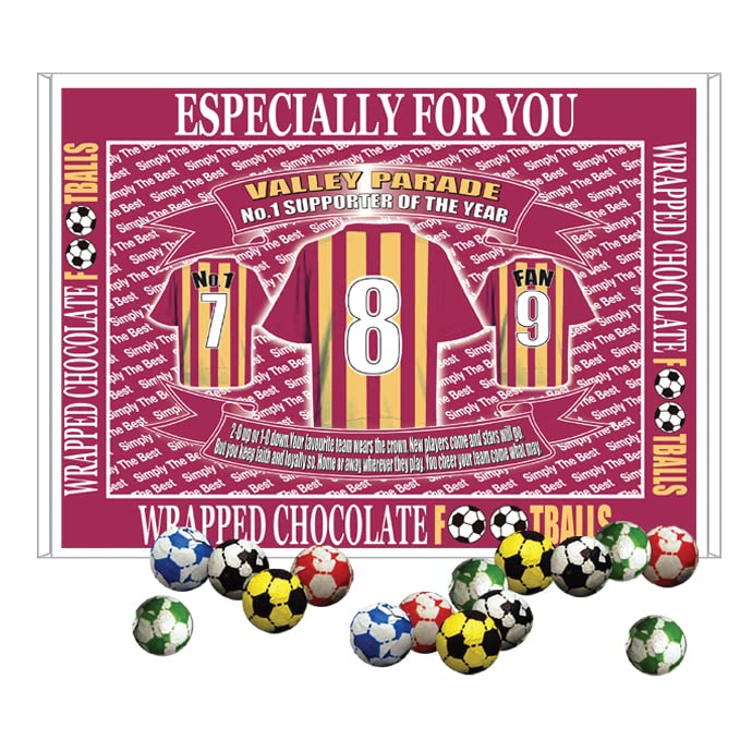 Chocolate balls with soccer ball designs on a decorative wrapper with text and graphics.
