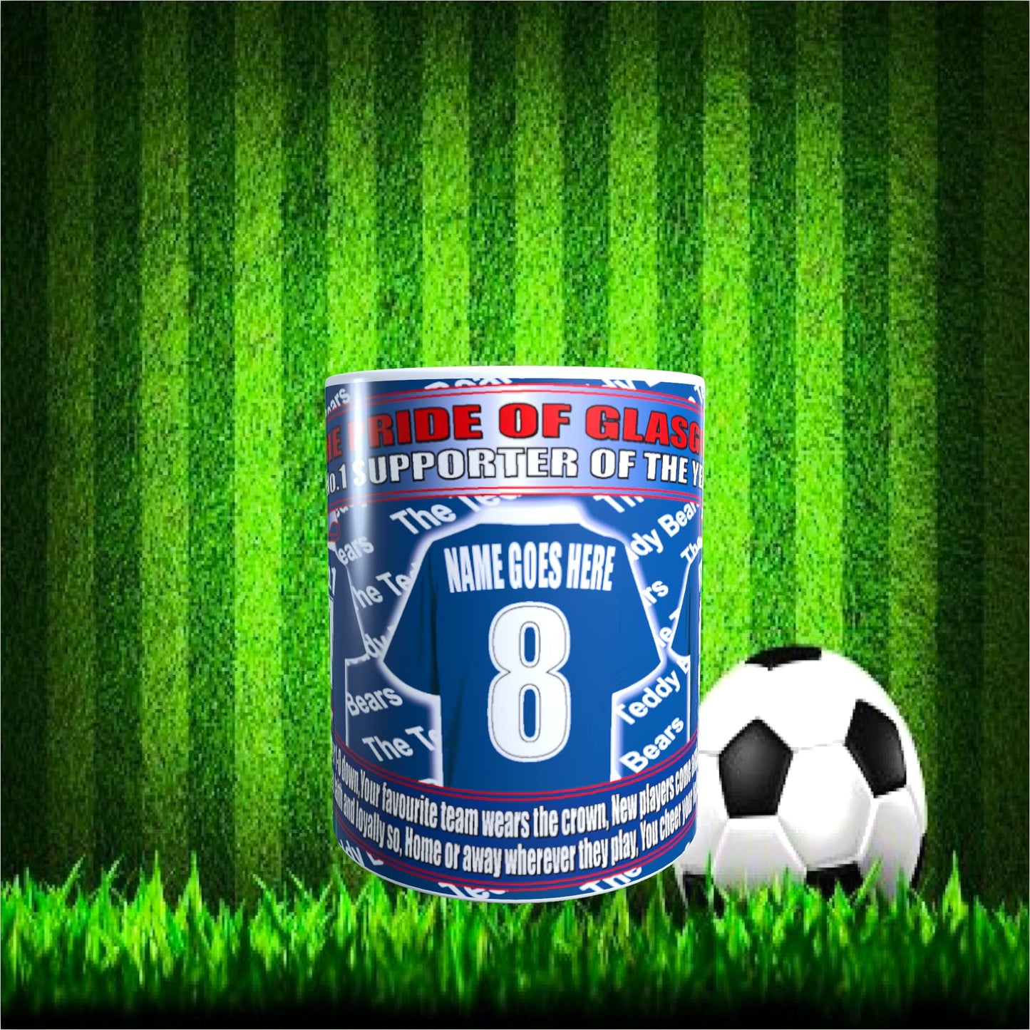 Glasgow The Teddy Bears Personalised Football Team Shirt Mug Gift with Chocolate Footballs, White
