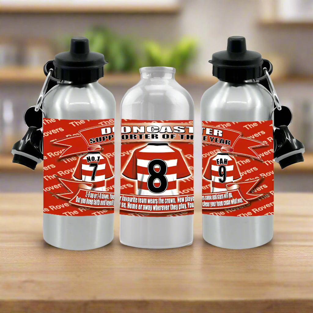 Three silver water bottles with red and black labels featuring numbers and text.