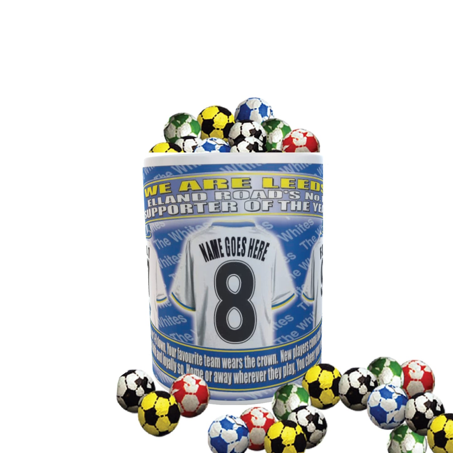 Leeds U Personalised Football Team Shirt Mug Gift with Chocolate Footballs