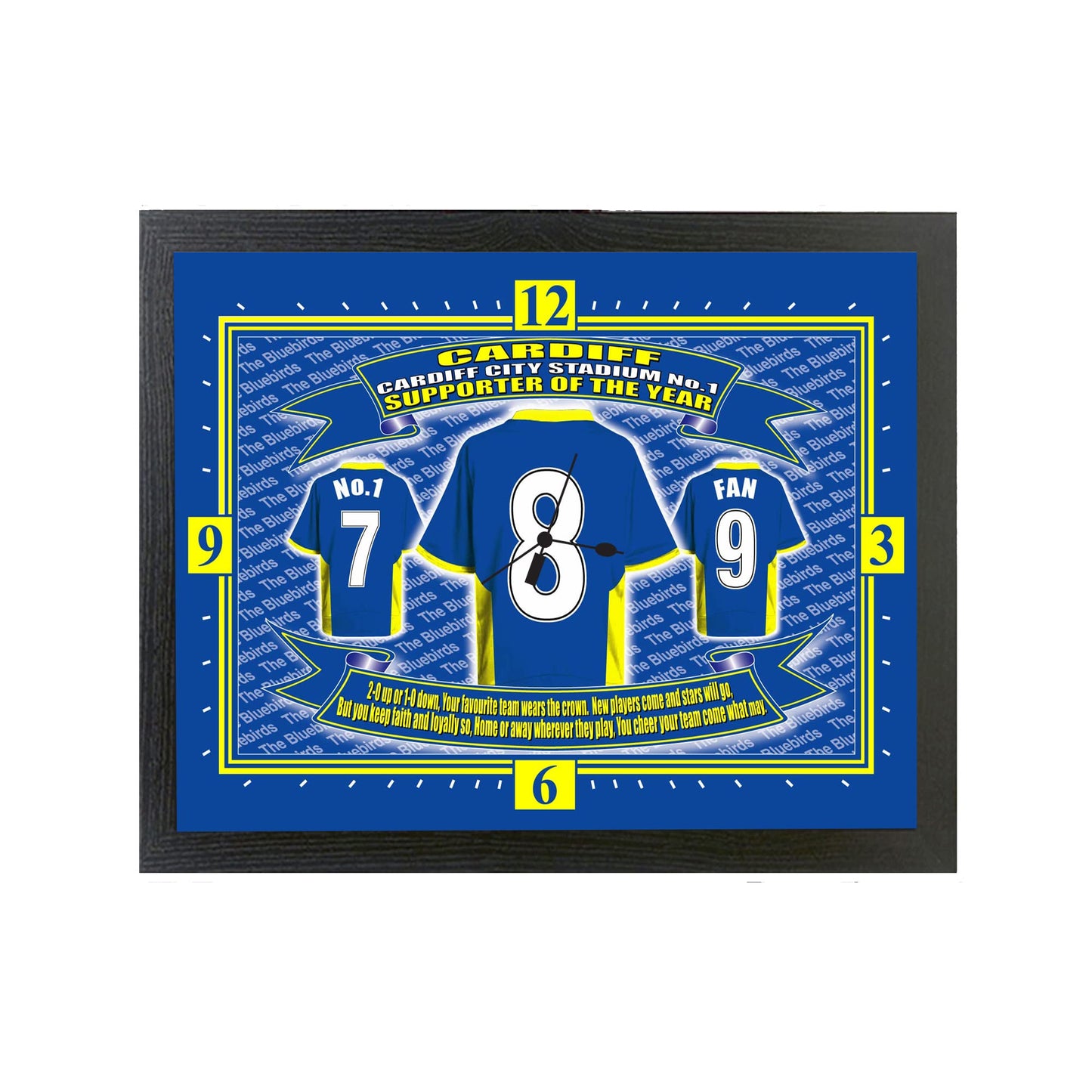 Framed artwork with Cardiff City football club jerseys and text on a blue background