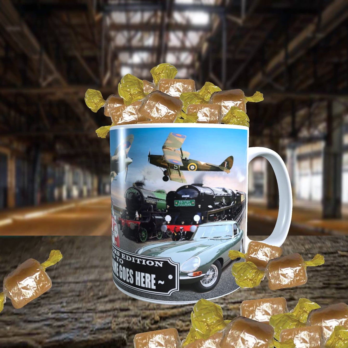 Planes Trains and Automobiles Classic Car Icons Personalised Mug with Choice of Sweets Gift