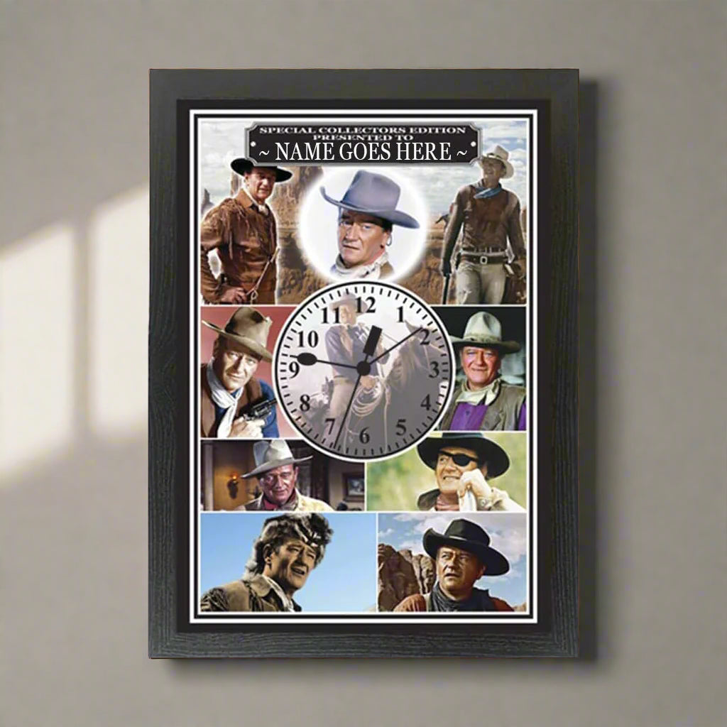 Collage of a famous person in a frame with a clock in the center on a white background