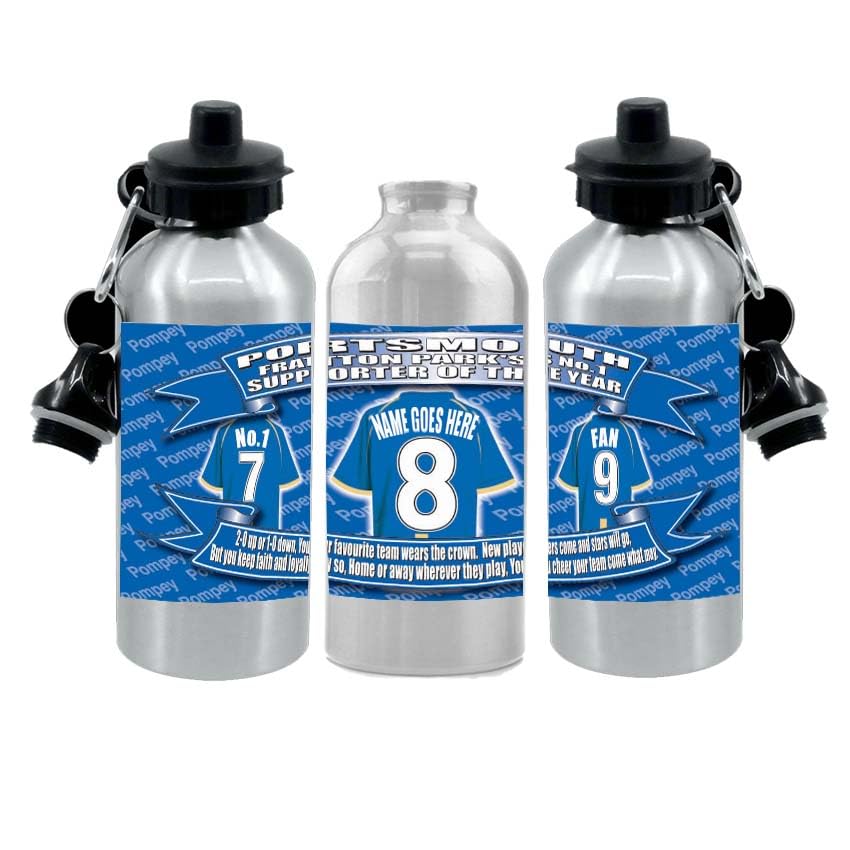 Personalised Ports(mouth) Water Bottle - Football Shirt - Silver Aluminium Two Lids - Unisex Gift