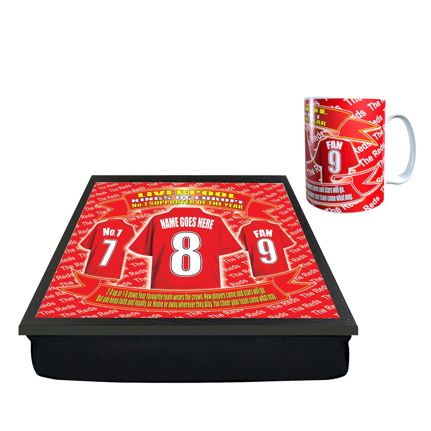 Personalizable red sports-themed tray and mug set on a white background