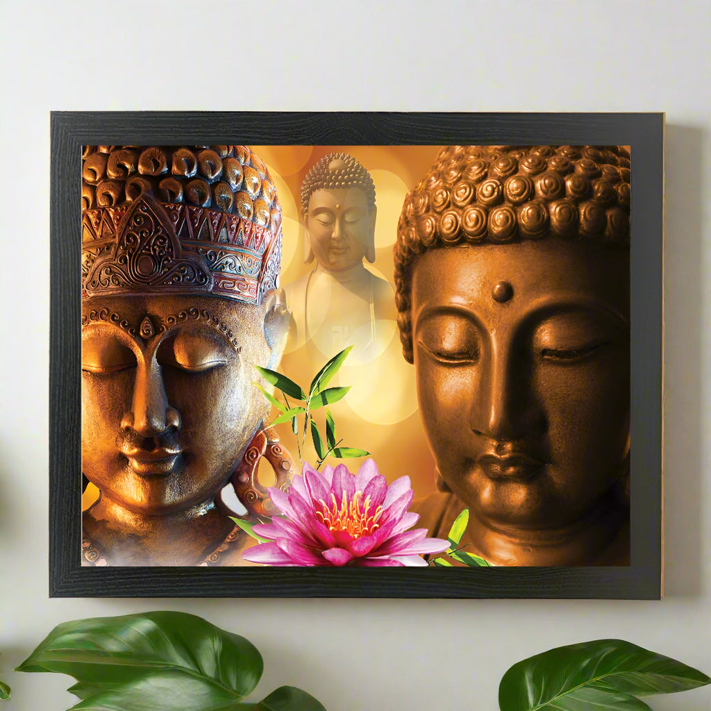 Framed artwork with Buddha statues and a pink lotus flower on a white background