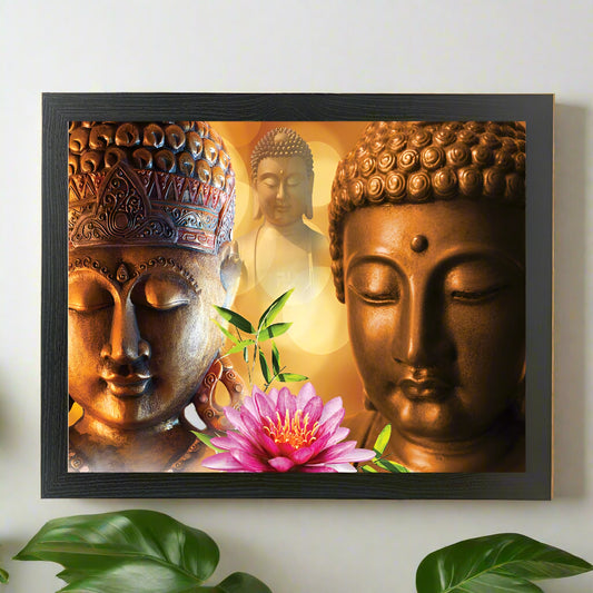 Framed artwork with Buddha statues and a pink lotus flower on a white background