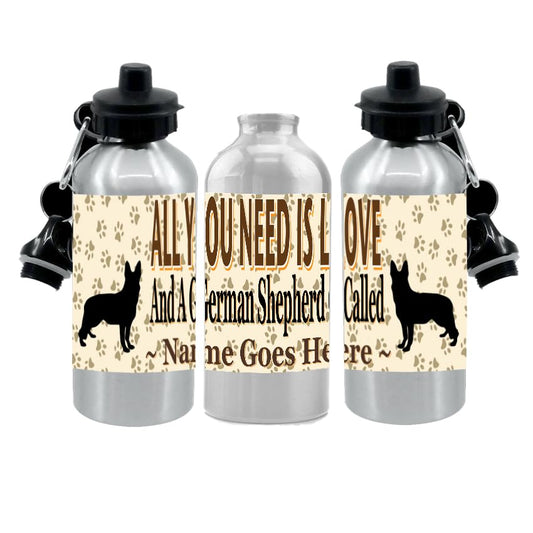 Personalised German Shepherd Water Bottle - All You Need Is Love - Silver Aluminium - Two Lids - Unisex Gift