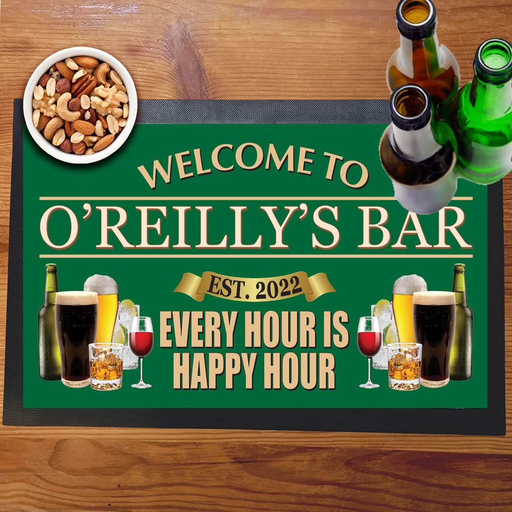 Welcome Every Hour Is Happy Hour Bar Mat Runner with Non- Slip Rubber Back and Personalised Name with Year Home, Pub, Coffee Shop, Venue, Garden, Bar Gift (Design 1)