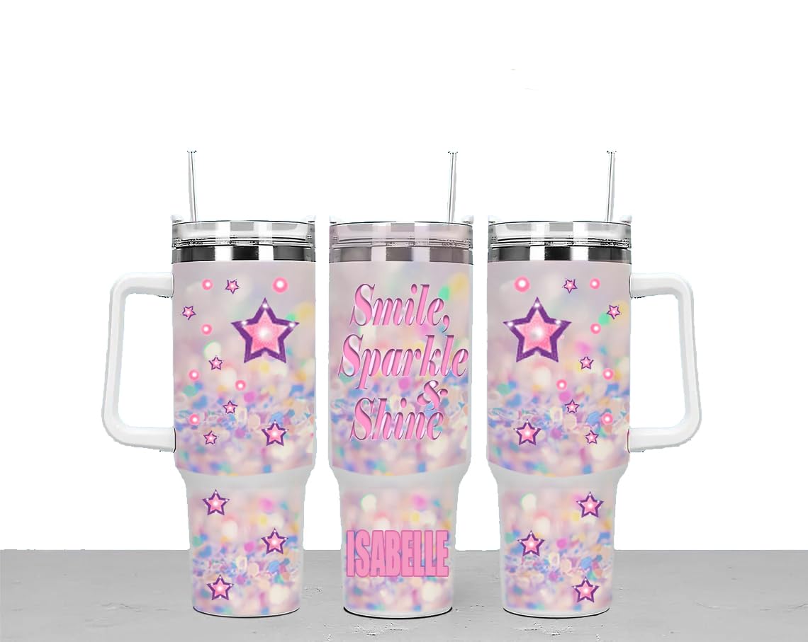 Smile & Sparkle Personalised Large Unisex 40oz Stainless Steel Travel Cup Tumbler Gift with Carry Handle, Lid and Straw