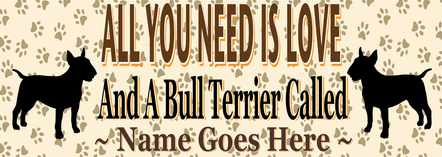 Personalised Bull Terrier Water Bottle - All You Need Is Love - Silver Aluminium - Two Lids - Unisex Gift