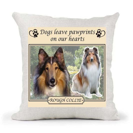 Rough Collie Dogs Leave Pawprints on our Hearts Country Canvas Style Cushion Cover Gift