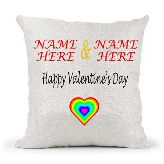 Personalised Rainbow Heart Your Names & Anniversary Date Wedding Valentine's Couple Birthday Present Cushion Cover Gift