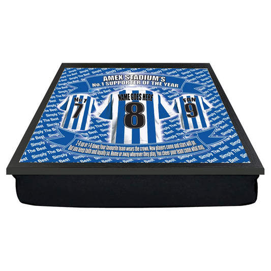 Brighton Football Shirt Personalised Lap Tray Gift - Blue Resin Rectangular Padded Lap Tray - 33cm x 45cm
