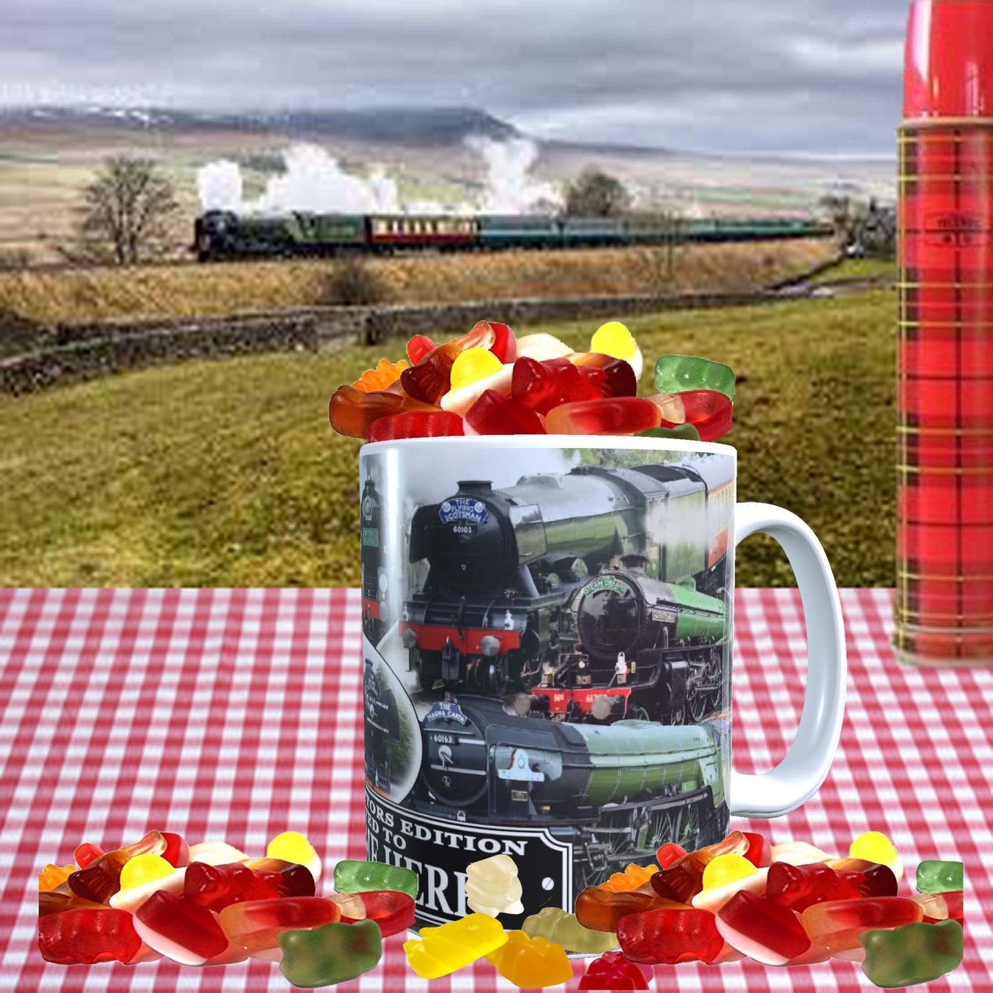 Classic Iconic Steam Locomotive Trains Personalised Mug with Choice of Sweets Gift