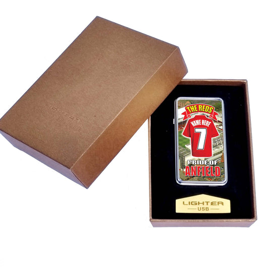 Lighter with a red shirt design and 'Pride of Anfield' text in a brown box