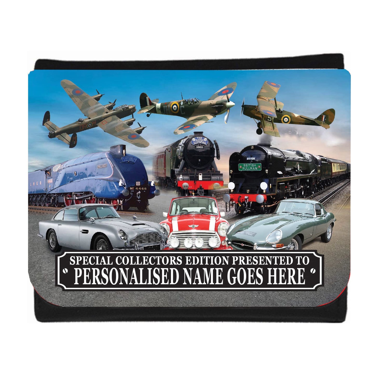 Planes Trains and Automobiles Classic Car Icons Personalised Wallet Gift