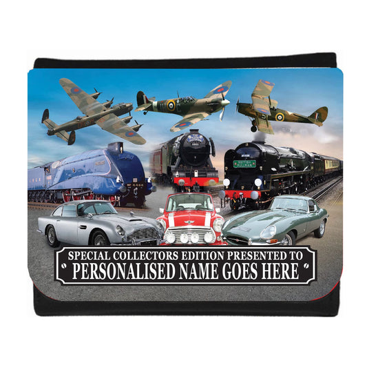 Planes Trains and Automobiles Classic Car Icons Personalised Wallet Gift