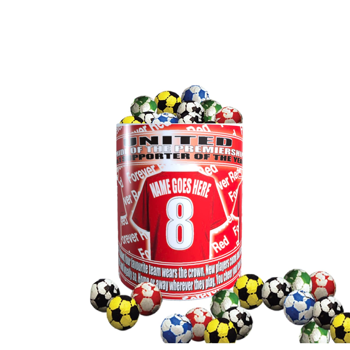Manchester Reds Personalised Football Shirt Mug Gift with Chocolate Footballs