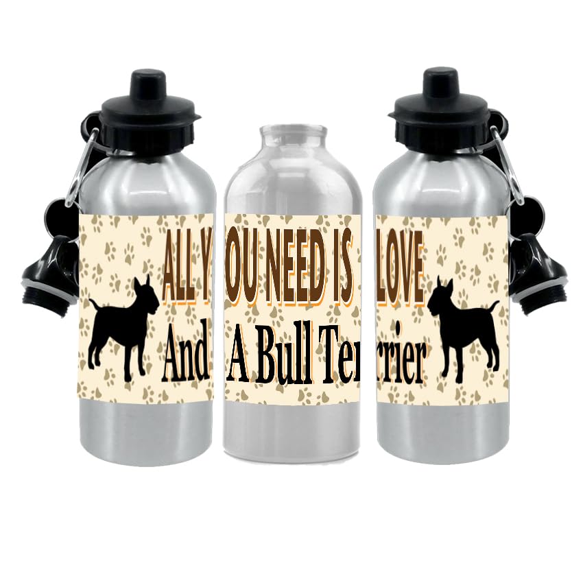 Bull Terrier Water Bottle - All You Need Is Love - Silver Aluminium - Two Lids - Unisex Gift