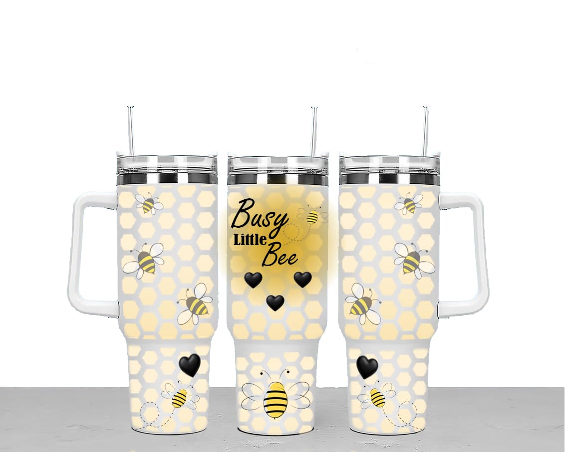 Busy Little Bee Large Unisex 40oz Stainless Steel Travel Cup Tumbler Gift with Carry Handle, Lid and Straw
