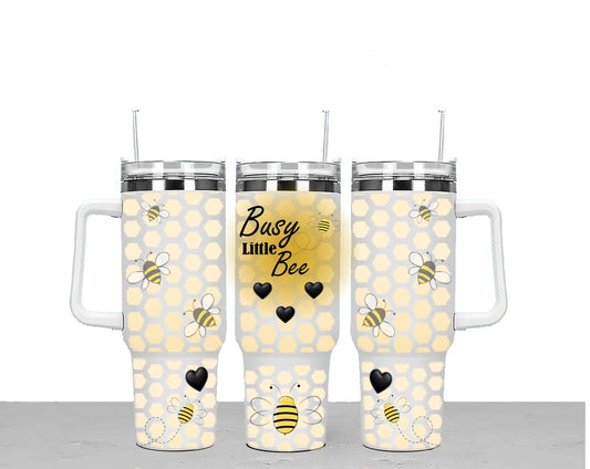 Busy Little Bee Large Unisex 40oz Stainless Steel Travel Cup Tumbler Gift with Carry Handle, Lid and Straw