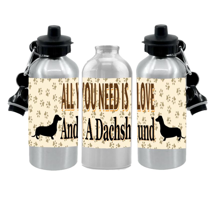 Dachshund Water Bottle - All You Need Is Love - Silver Aluminium - Two Lids - Unisex Gift