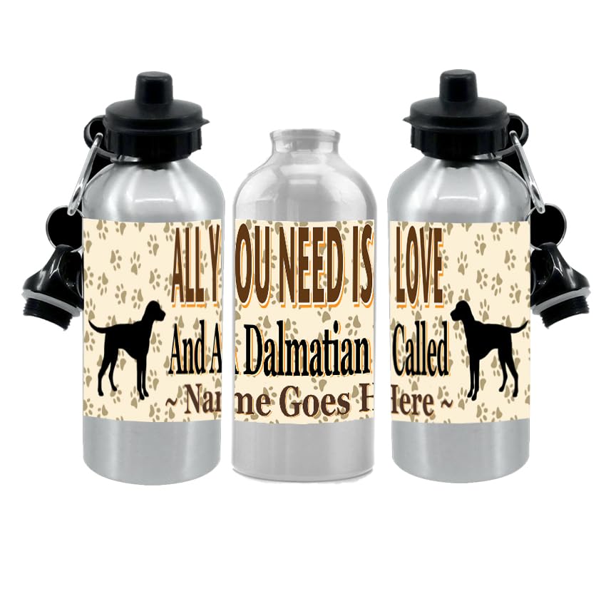Dalmatian Water Bottle - All You Need Is Love - Silver Aluminium - Two Lids - Unisex Gift
