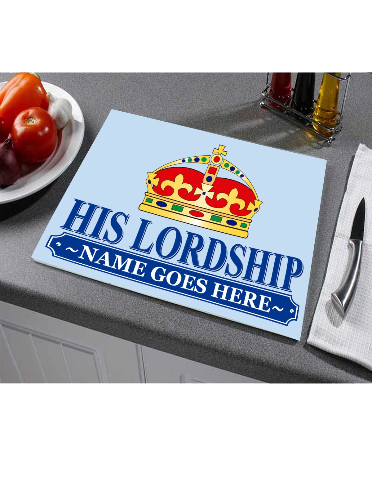 His Lordship Personalised Toughened Glass Heat Resistant Worktop Saver Cutting and Chopping Board Gift