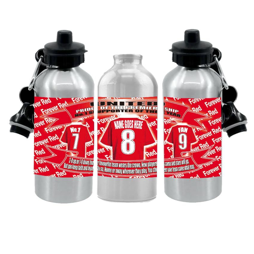 Manchester Reds Personalised Football Shirt Silver Aluminium Two Lid Unisex Water Bottle Gift Team-Manchester-United